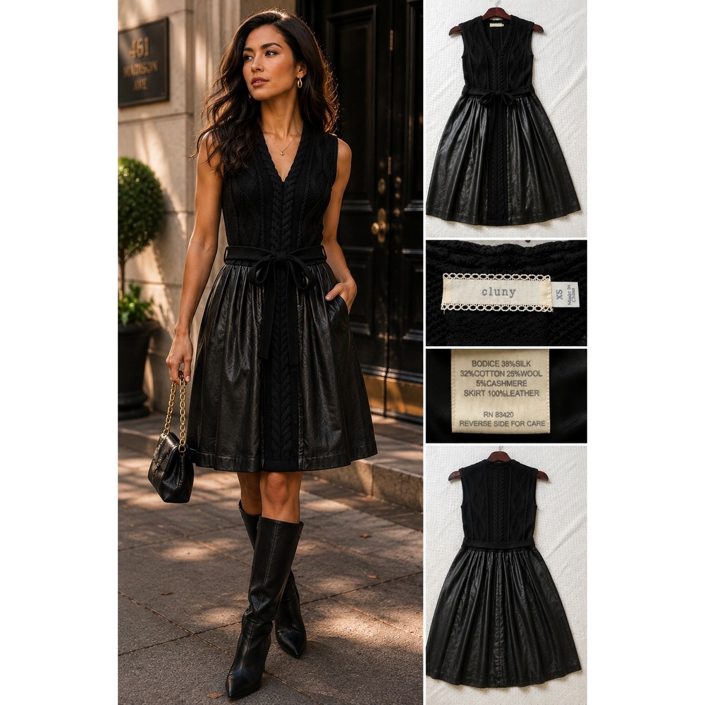Cluny Black Silk Wool Cashmere Cable Knit Bodice 100% Leather Skirt Dress XS